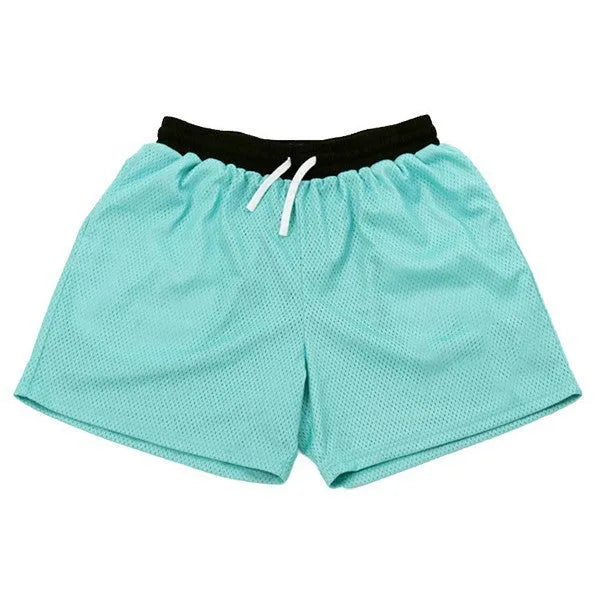 Men's black mesh running shorts with an elasticated waistband and drawcord, laid flat.