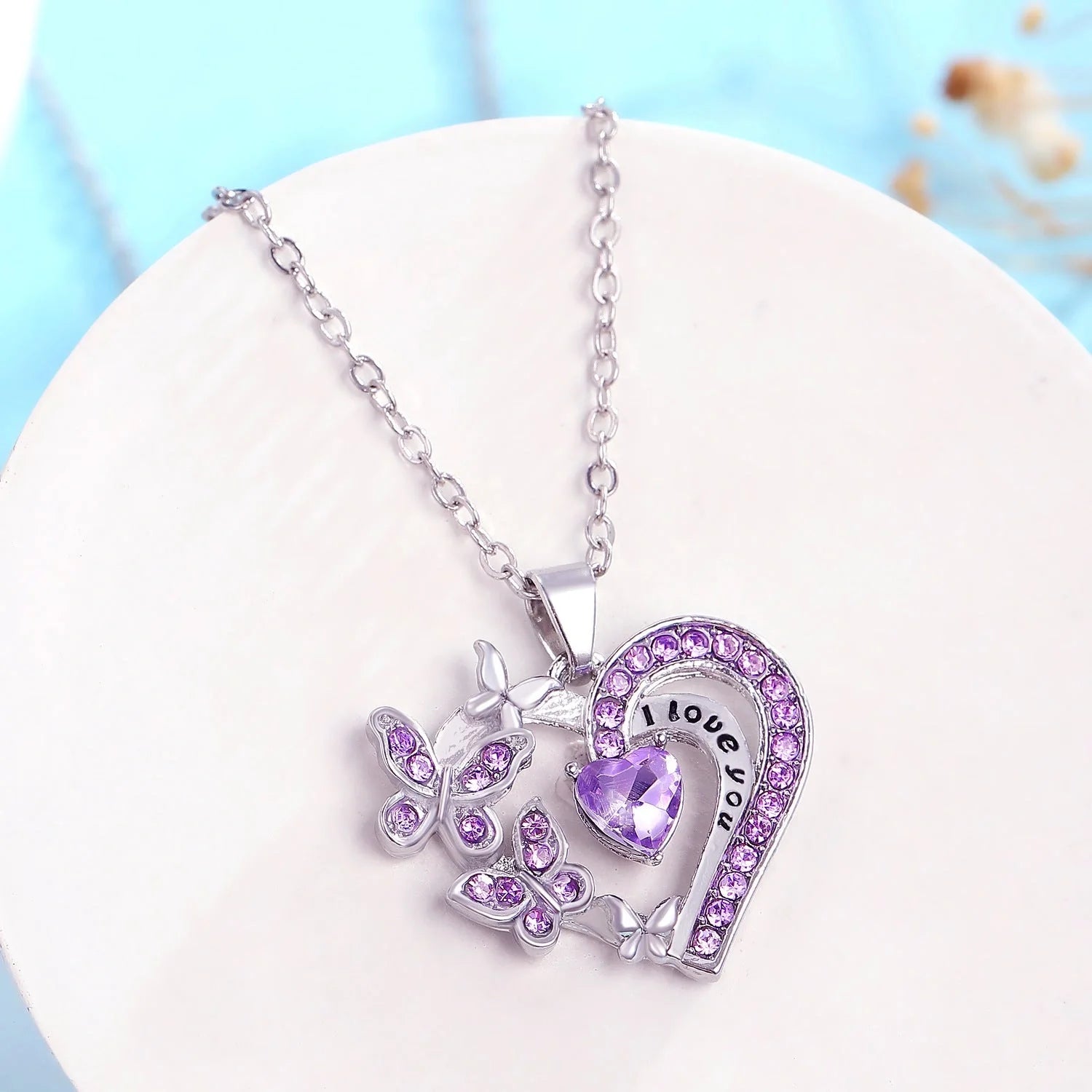 Butterfly Love Rhinestone Heart Necklace in various colours for Valentine's Day