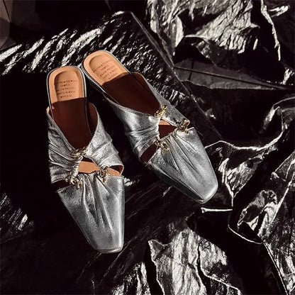 Women's genuine leather half toe cap slippers in gold colour with square head design and low heel