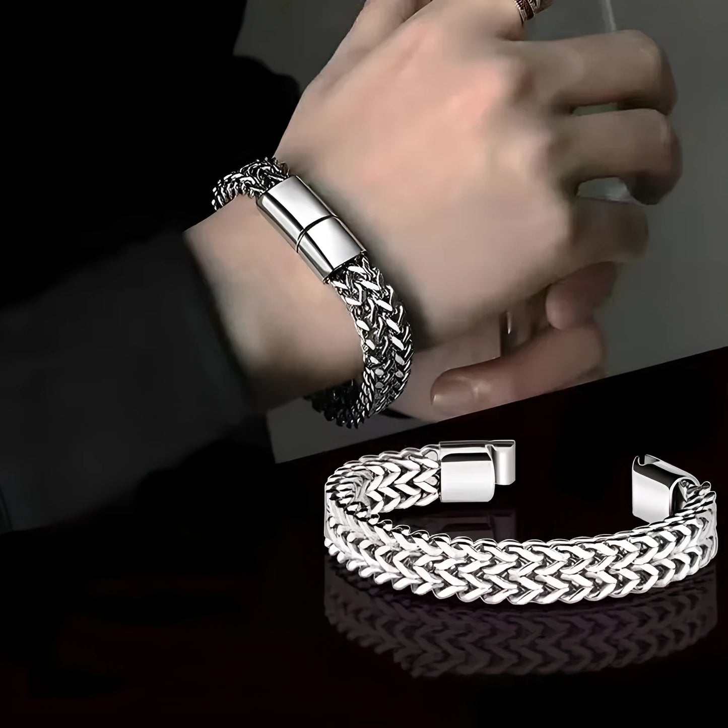 Silver stainless steel hip hop bracelet with geometric pattern showing front and back design