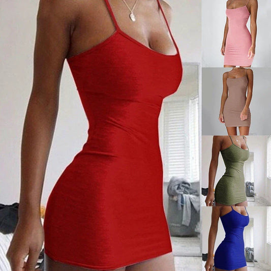 Stylish spaghetti strap mini dress in various colors, showcasing a flattering, form-fitting silhouette for fashionable women