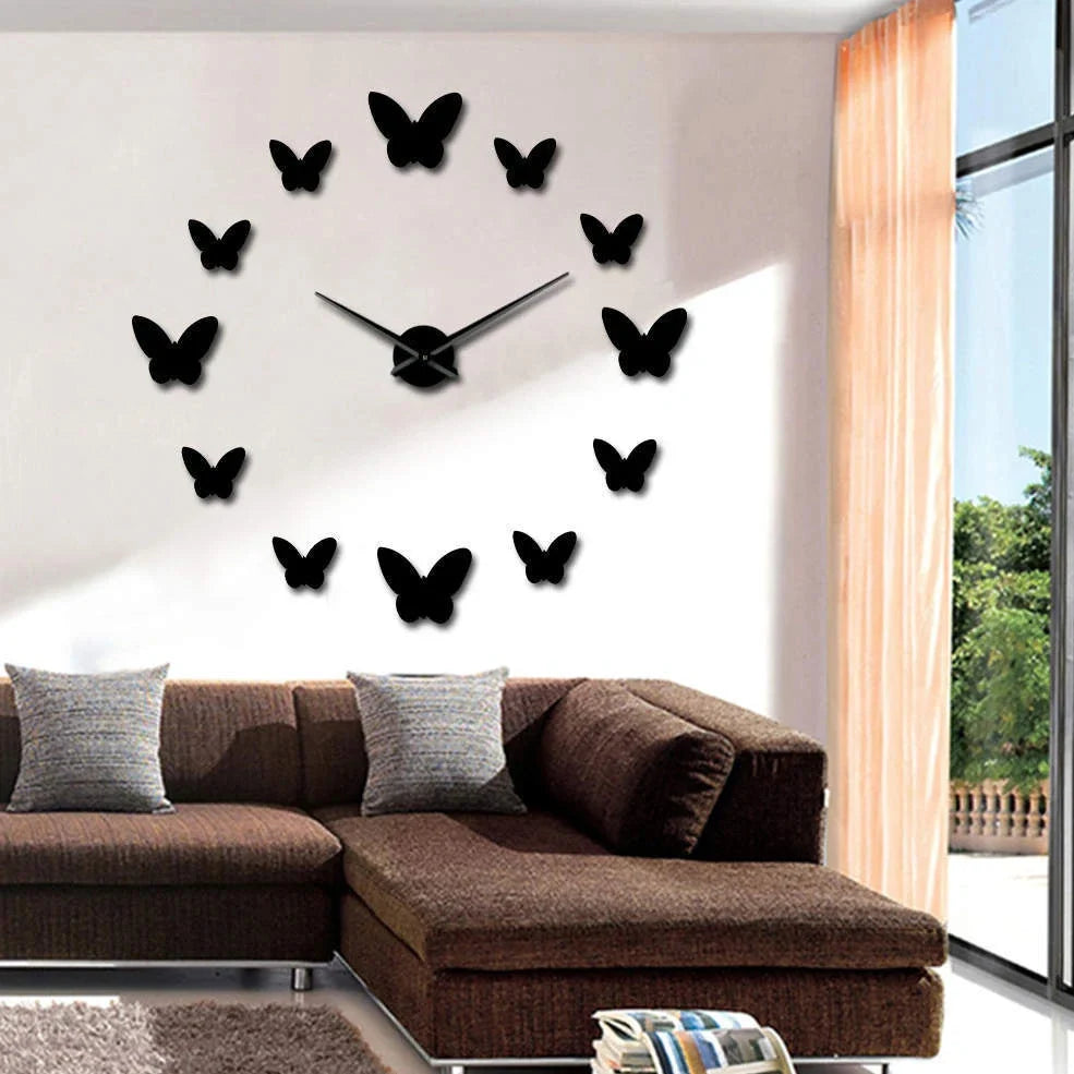 Round 30cm mirror wall clock with raised butterfly design showing time display