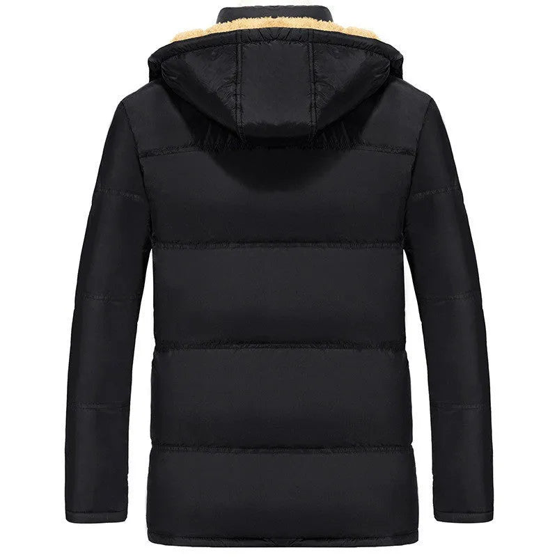 Men's black loose-fit hooded velvet winter jacket with a double-breasted front.