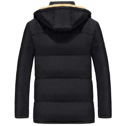 Men's black loose-fit hooded velvet winter jacket with a double-breasted front.