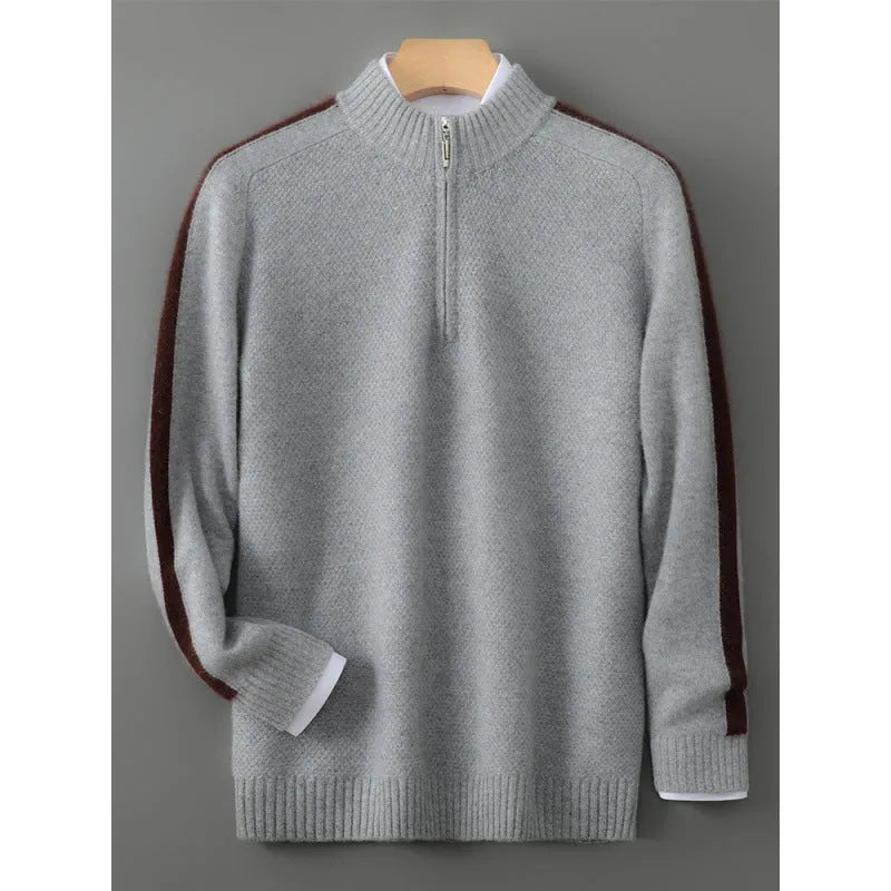 Sheep wool half-zip knitted sweater with slim fit design, available in sizes S to XXL for plus size individuals, featuring a round neck and regular sleeves for leisure wear.