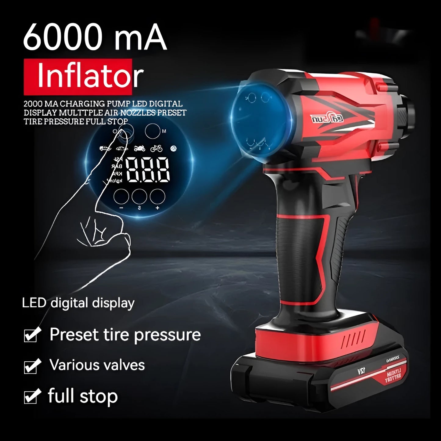 Red and black portable car wireless air pump with battery, cables, and multiple nozzles for tyres and sports equipment.