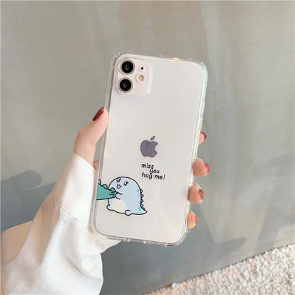 Transparent silicone and TPU iPhone case with airbag protection featuring a cute green dinosaur design.