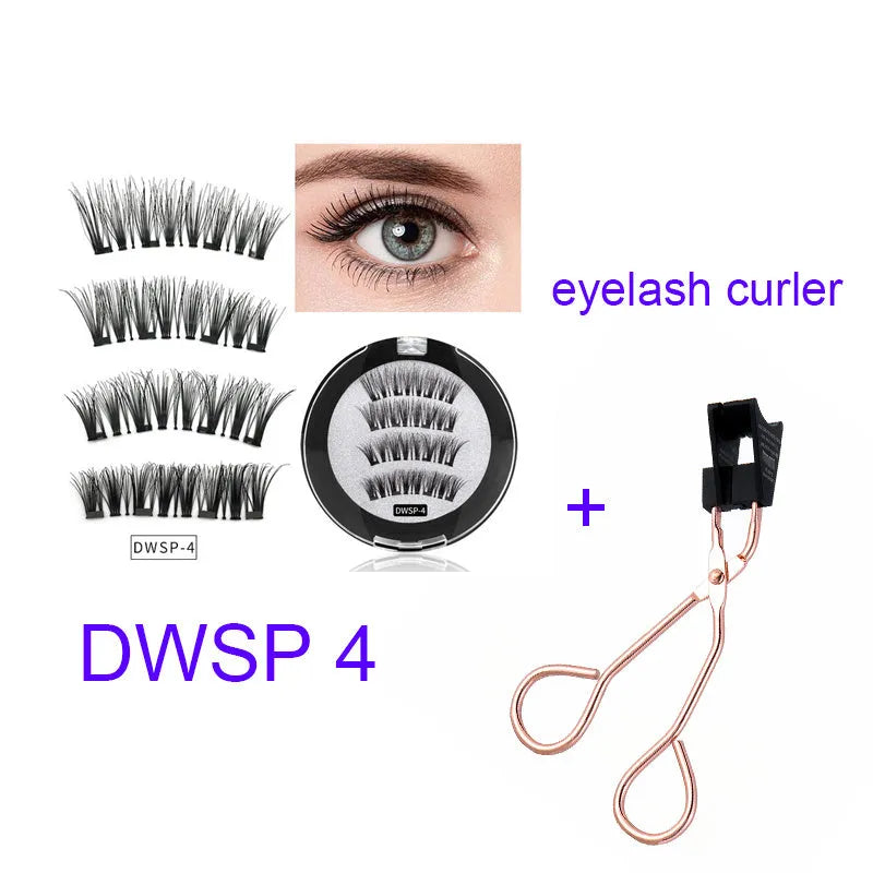 Four magnet false eyelashes in imported fibre with hand made construction and optional eyelash curler