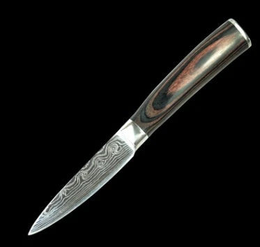 Premium chef knife set with high-performance stainless steel blades, featuring a striking Damascus pattern and ergonomic color-coated handles