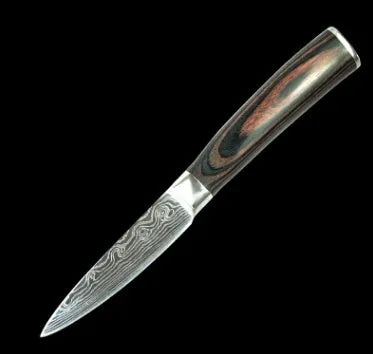 7-inch chef knife with laser Damascus pattern on blade and coloured steel handle on a cutting board.