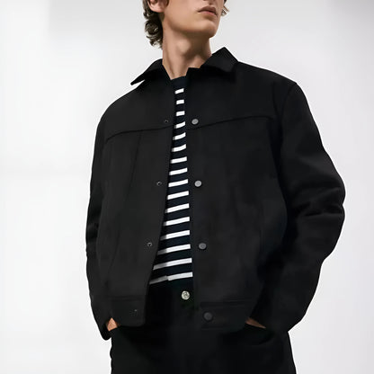 Black men's hooded jacket with a suede collar, loose long sleeves, and side seam pockets.
