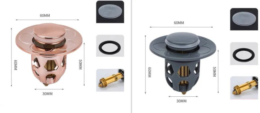 Copper core bouncing washbasin drain plug with universal 1.1-1.5 inch head in metallic finish