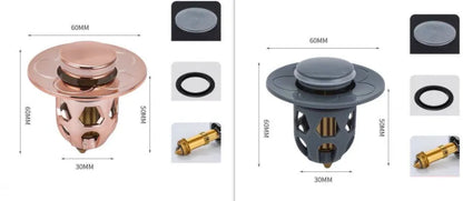 Copper core bouncing washbasin drain plug with universal 1.1-1.5 inch head in metallic finish