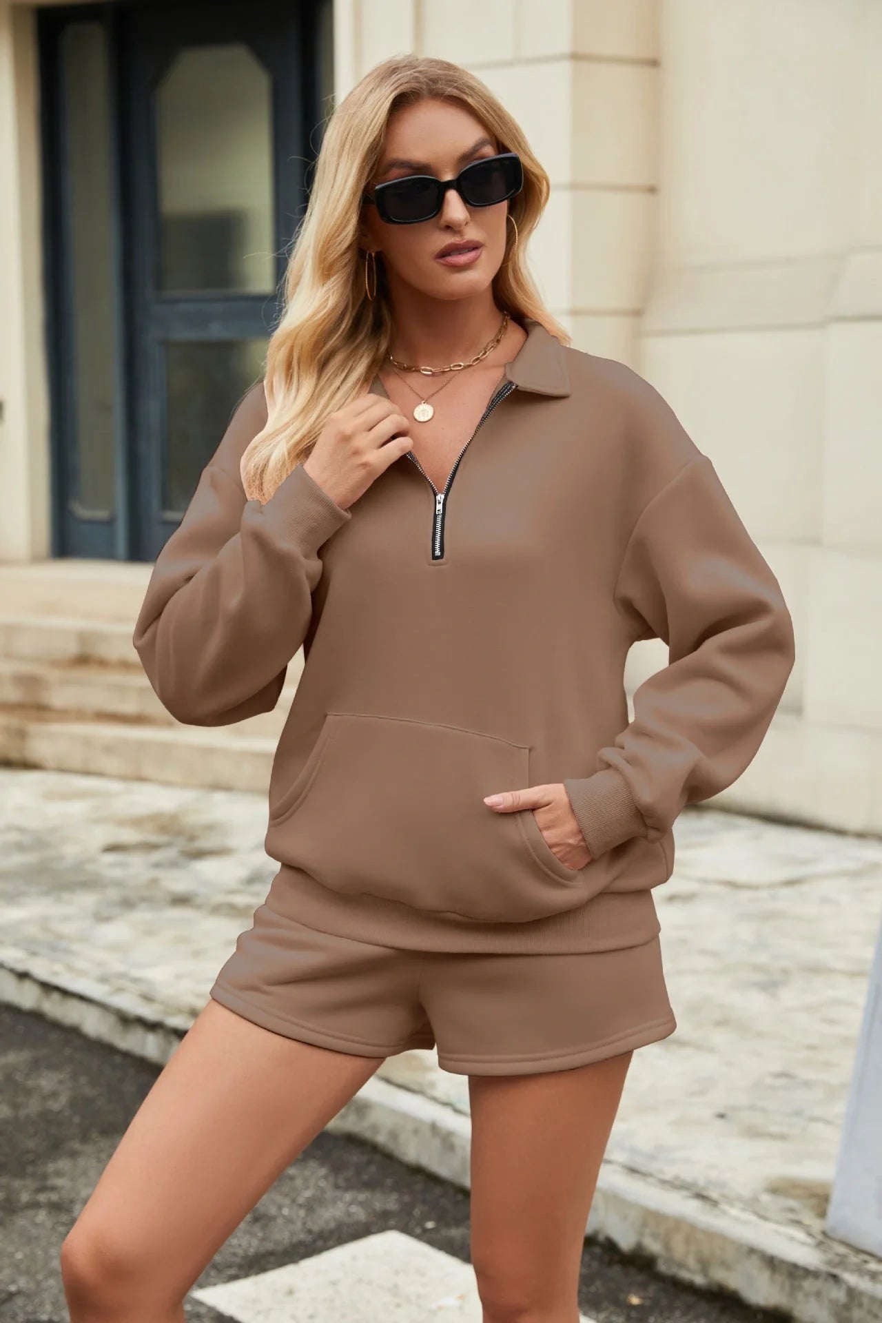 Women's casual sweatshirt suit set with lapel zipper and elastic shorts in various colours