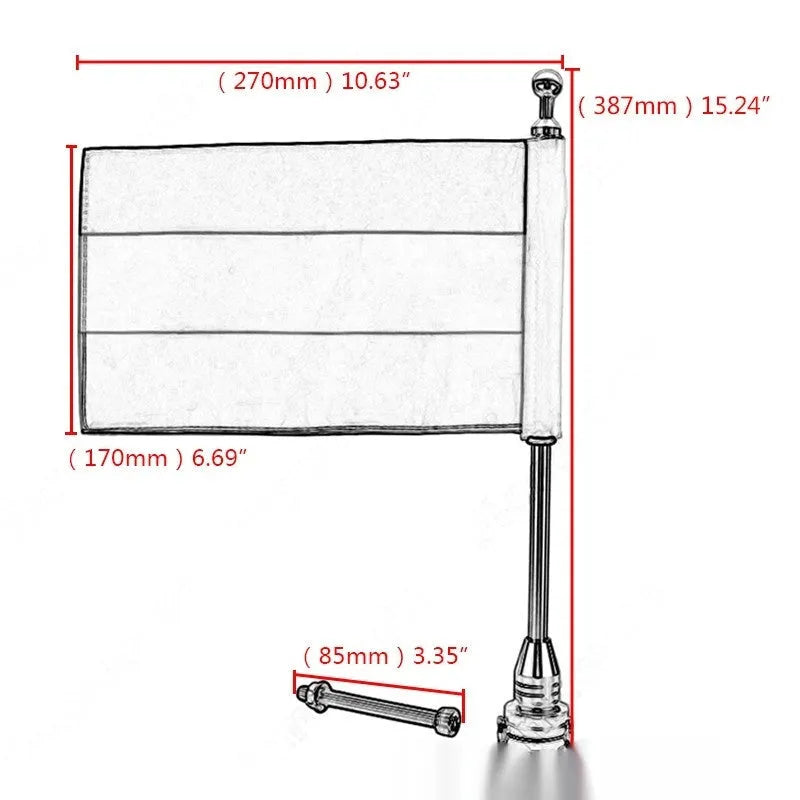 Motorcycle tail box flagpole for mounting on luggage carrier, in black or silver finish.