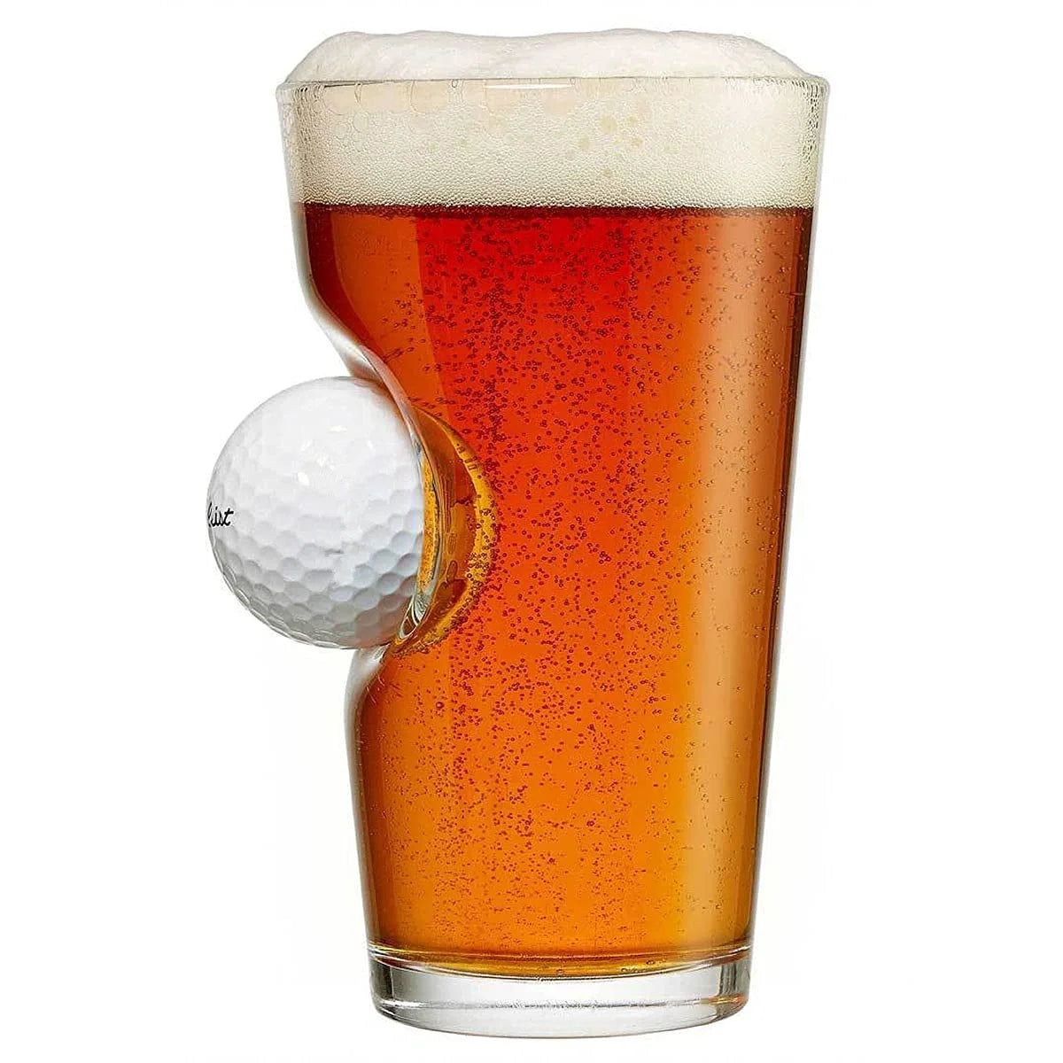 Elegant beverage glass with a unique golf ball embedded within the crystal-clear borosilicate frame, perfect for serving cocktails, iced tea, and desserts.