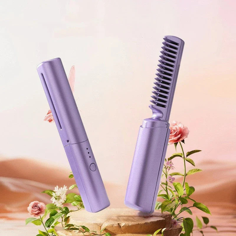 Cordless hair straightener and curler comb with fast heating and negative ion technology for salon-quality styling on the go