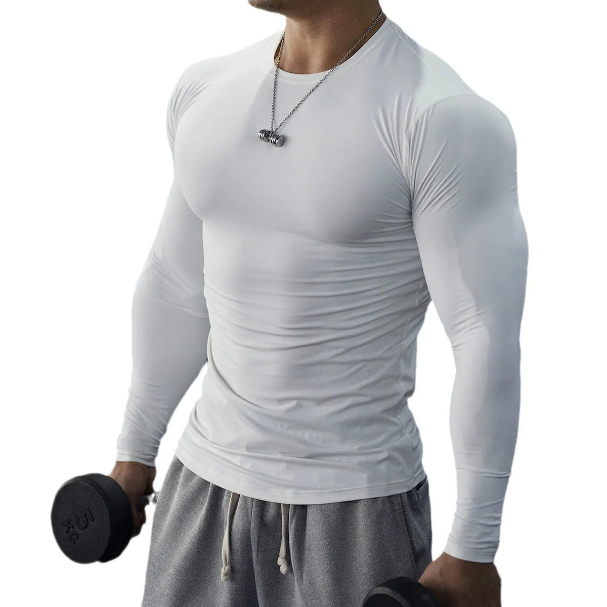 Men's black fitness tights with long sleeves and slim fit design for gym workouts and running