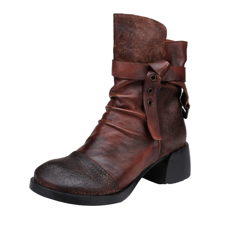 Women's black retro ankle boots with chunky heel and round toe made from genuine leather
