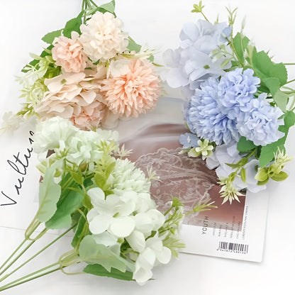 Combination artificial hydrangea flower arrangement in silk and plastic, shown in one of five available colours.