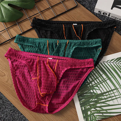 Men's low waist lace briefs in white, black, green, rose red, and light purple colours on size chart