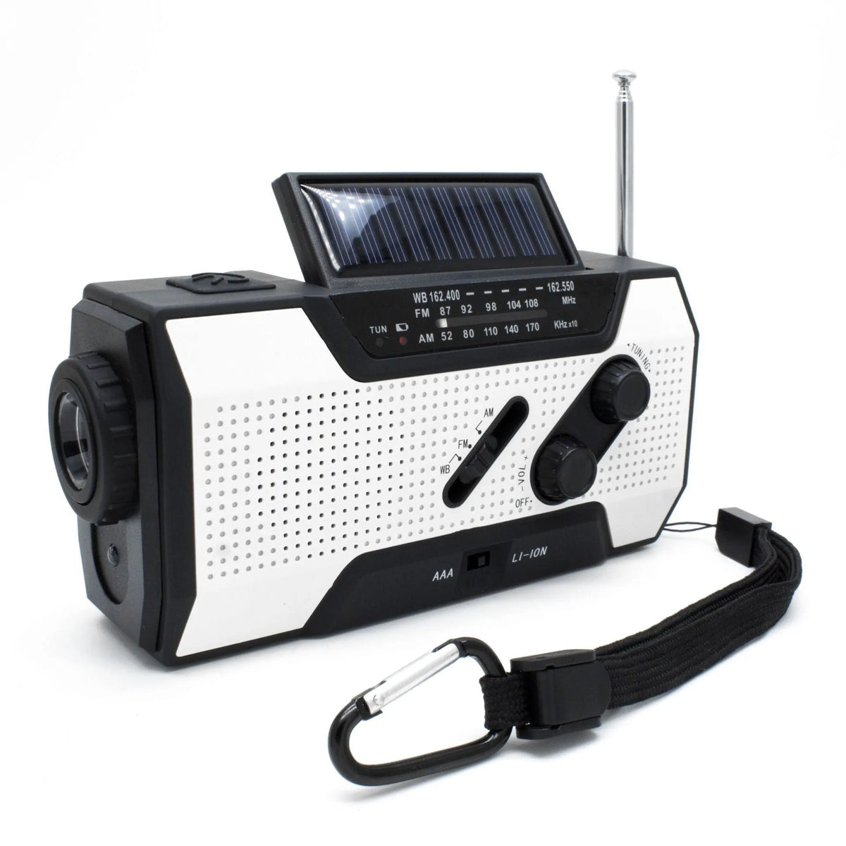 Pocket solar radio in green, red, white, or yellow with engineering plastic body, solar charging, and waterproof build.