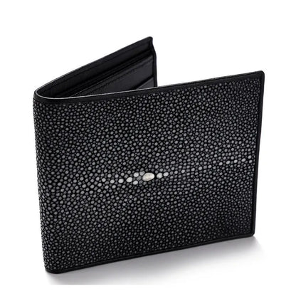 Genuine leather cowhide wallet with pearl fishskin lining in horizontal square design