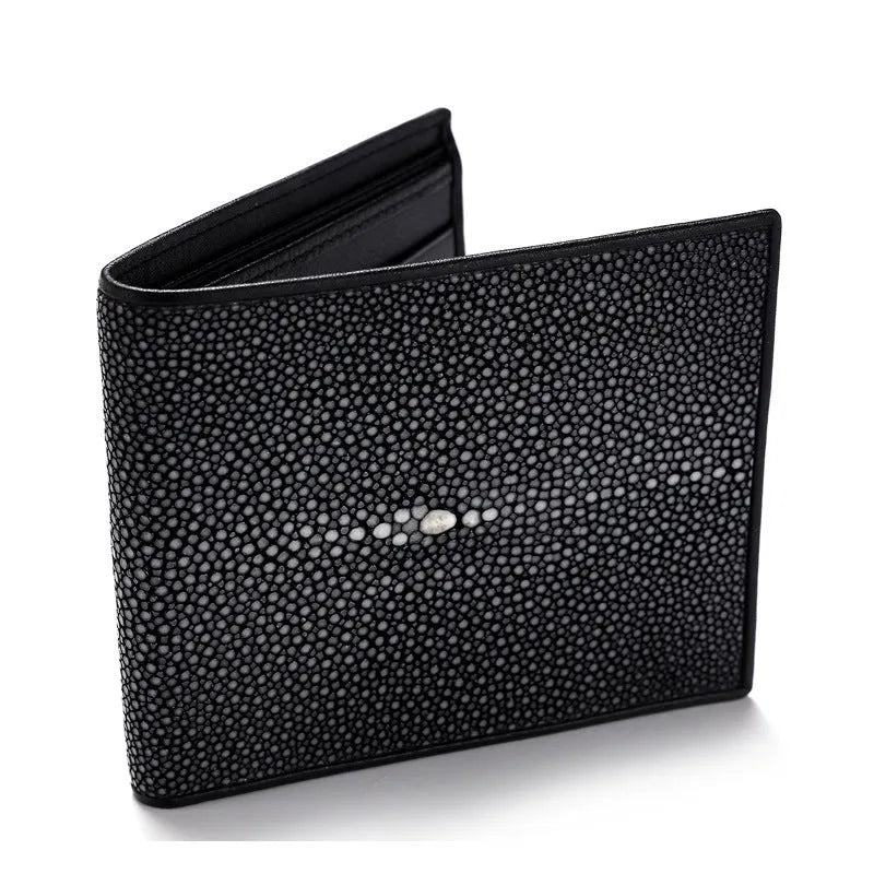 Genuine leather wallet with pearl fishskin lining and cowhide exterior in European American style horizontal square design featuring short length medium hard construction available with or without loose leaf interior pattern