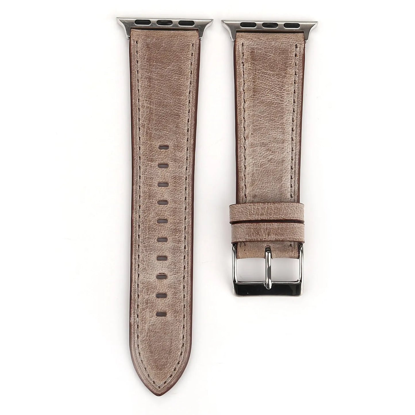 Leather watch strap with a folding buckle in blue, shown next to brown, green, orange, pink, and yellow colour options.
