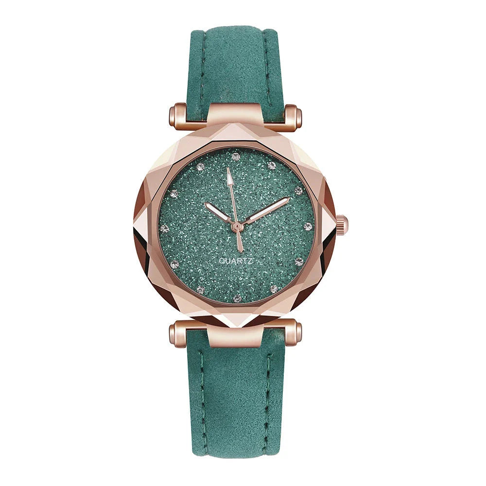 Elegant women's wrist watch with a captivating starry sky dial and leather strap, suitable for any occasion.