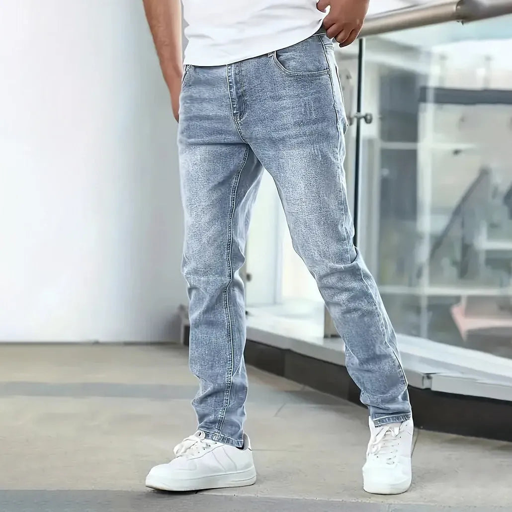 Men's stretch cotton spandex jeans in straight leg skinny cut, dark blue colour