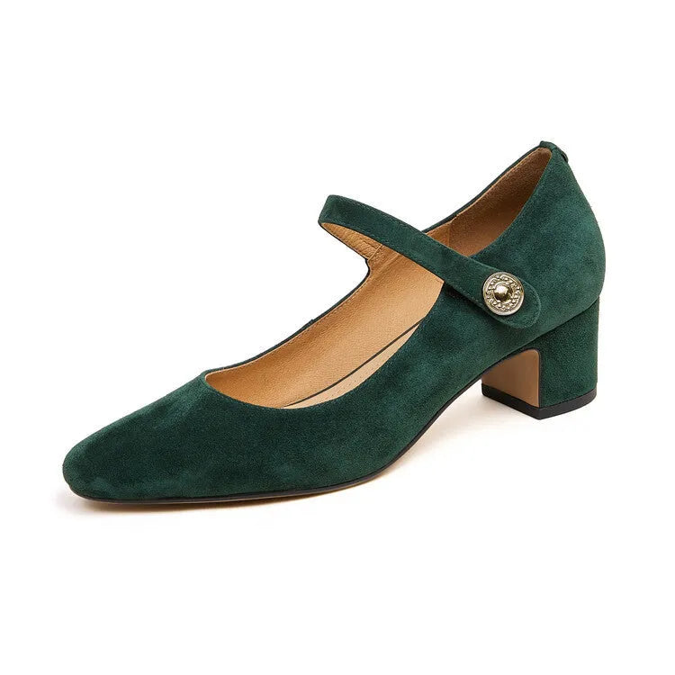 Women's dark green suede Mary Jane shoes with a chunky heel and square toe.