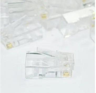 White RJ45 network modular plug with gold-plated contacts, shown alongside a pack of 1000 units.