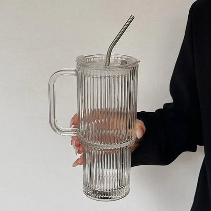 740ml round glass cup with handle, solid colour, available with lid and bent or straight straw