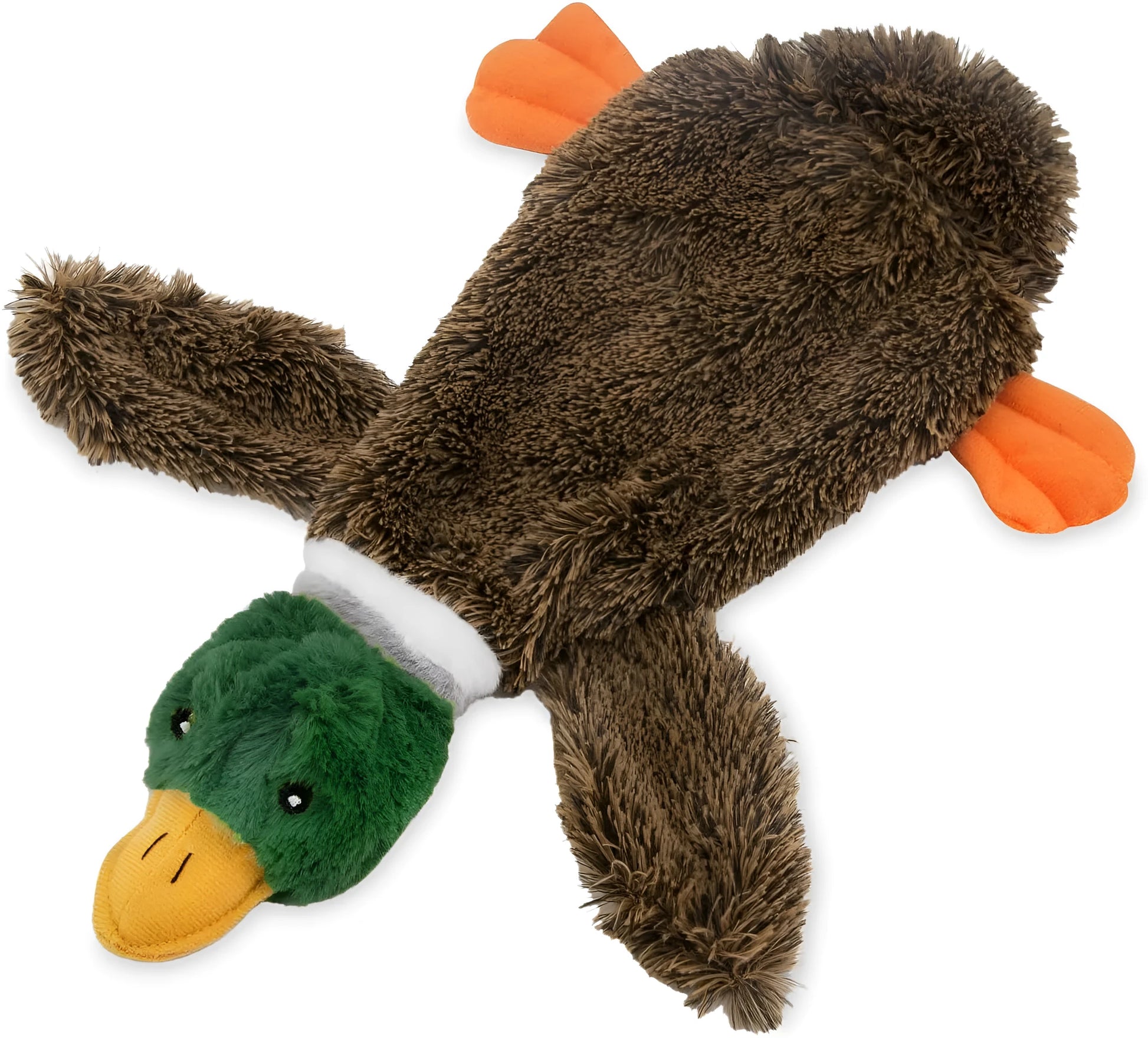Green stuffless wild duck dog toy with squeakers showing bottle cavity opening