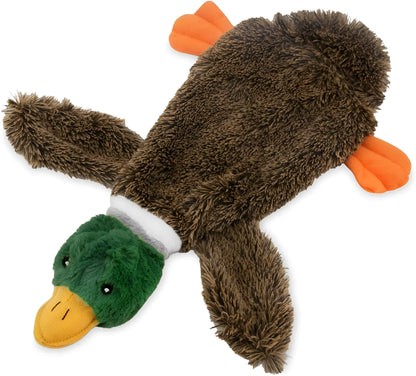 Green stuffless wild duck dog toy with squeakers showing bottle cavity opening