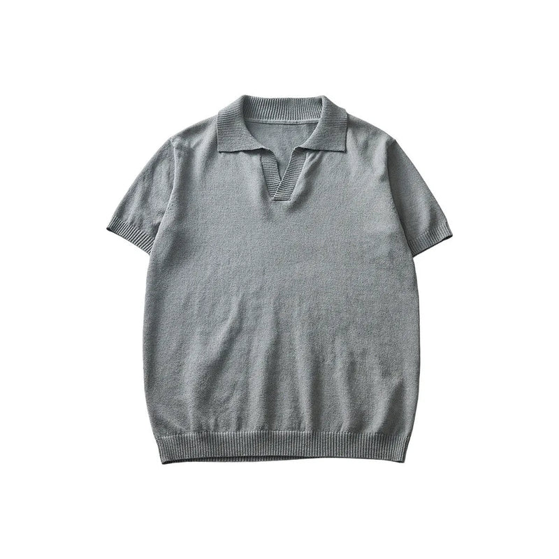 Knitted short-sleeved casual T-shirt with polo collar, summer solid colour top in acrylic fibre blend fabric, available in sizes S to 2XL for everyday wear, colours include white, grey, navy blue, green, and black.