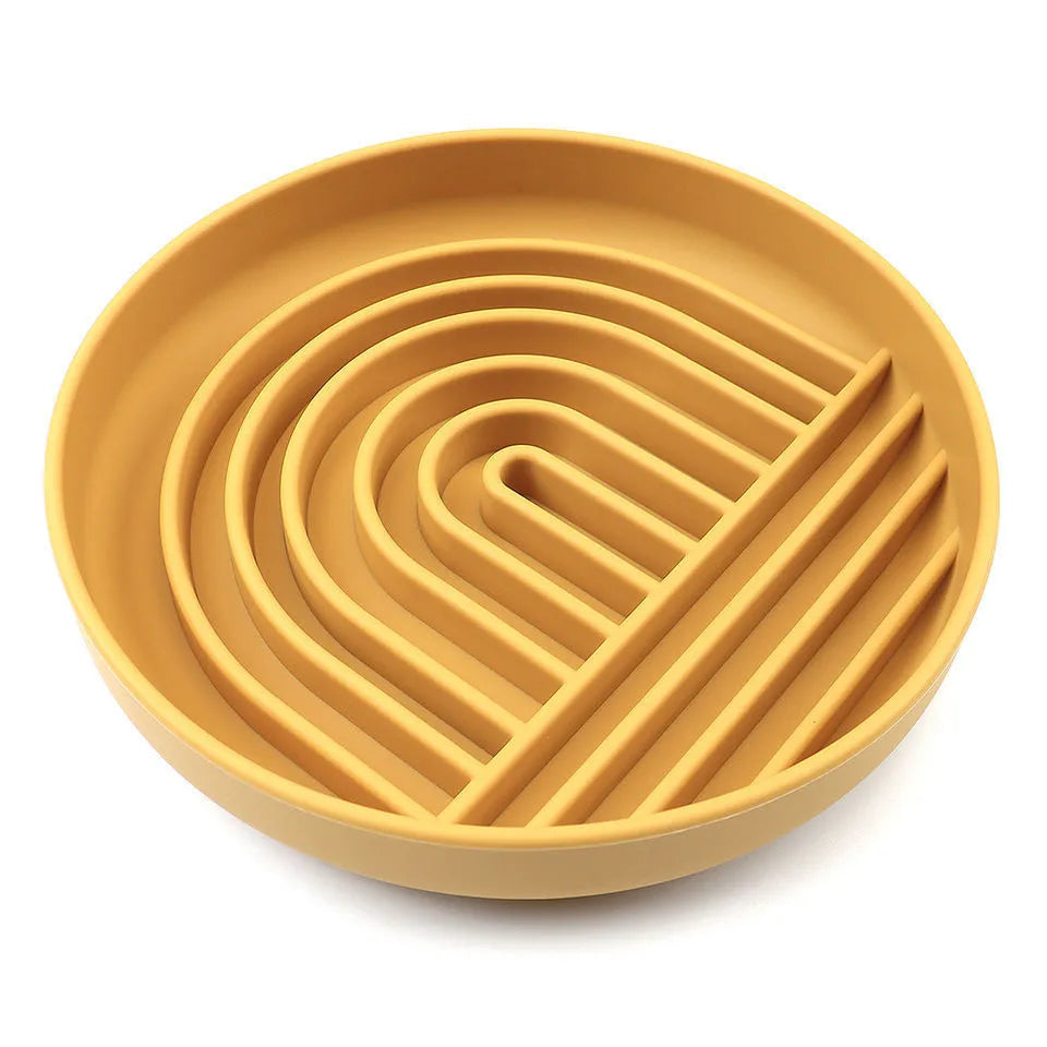 Silicone slow feeder bowl for dogs with lick mat design in beige, charcoal ash, grey blue, mango yellow, mustard green, or red