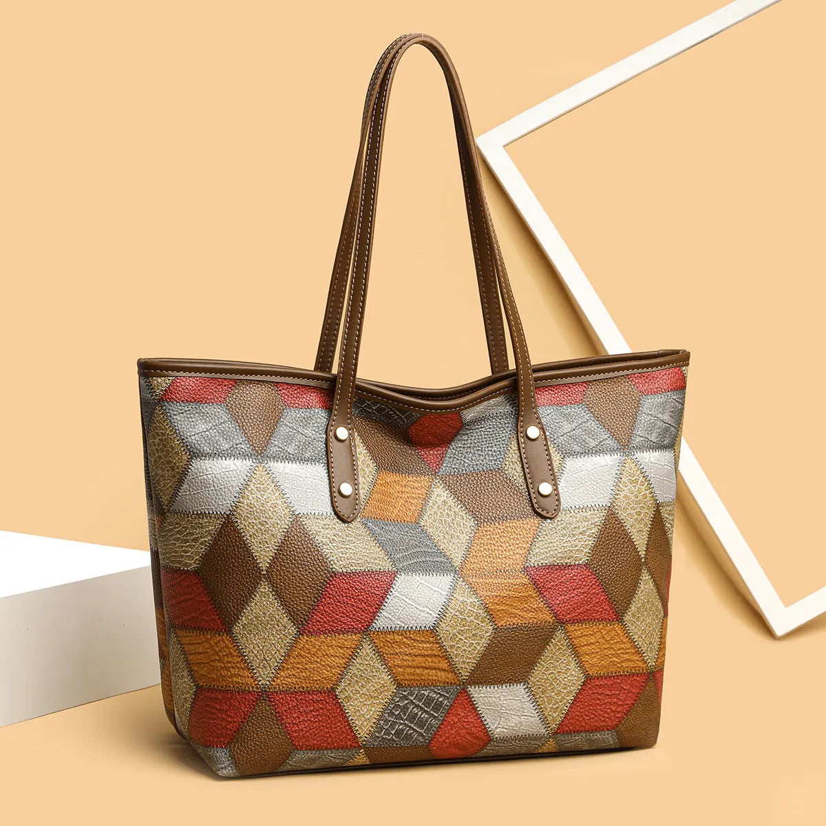 Women's PVC shoulder handbag in blue brown colour with sandwich pocket design and large capacity