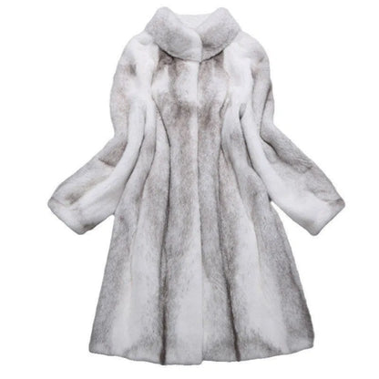White faux fur women's winter coat with stand-up collar on a hanger