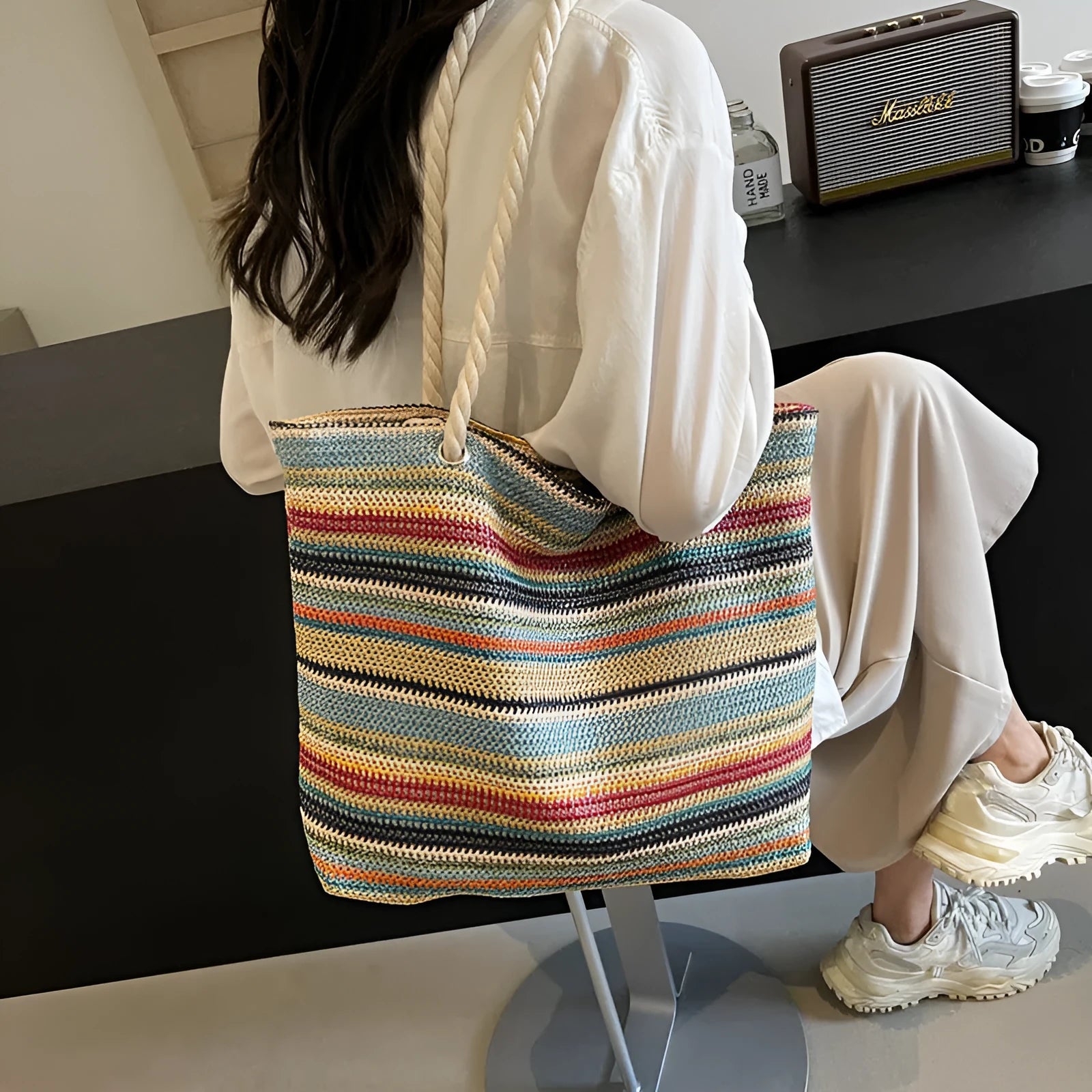 Blue woven nylon shoulder bag with large capacity and single shoulder strap