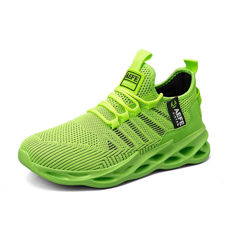 Men's black mesh casual running shoes with cross-strap detail and white MD sole, shown from the side.