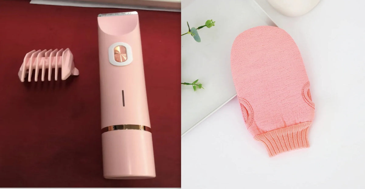 Pink electric shaver with double head, USB cable, and brush for women's body grooming