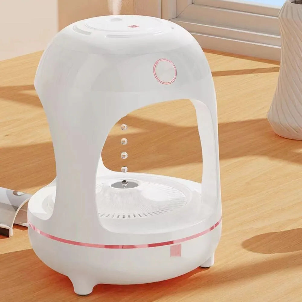 Anti gravity levitating water drops humidifier in columnar shape with LED night light and ultrasonic mist output