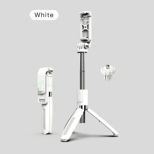 Black and white Bluetooth selfie stick extended with phone mounted, showing wireless remote and tripod base