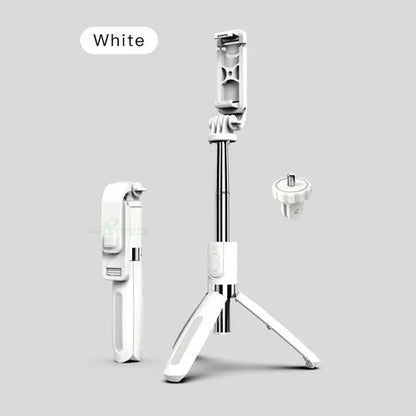 Black and white Bluetooth selfie stick extended with phone mounted, showing wireless remote and tripod base