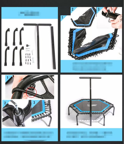 Hexagonal fitness trampoline with handrail for home and gym use