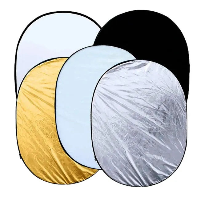60x90cm collapsible photography reflector showing five surfaces: gold, silver, white, black, and translucent
