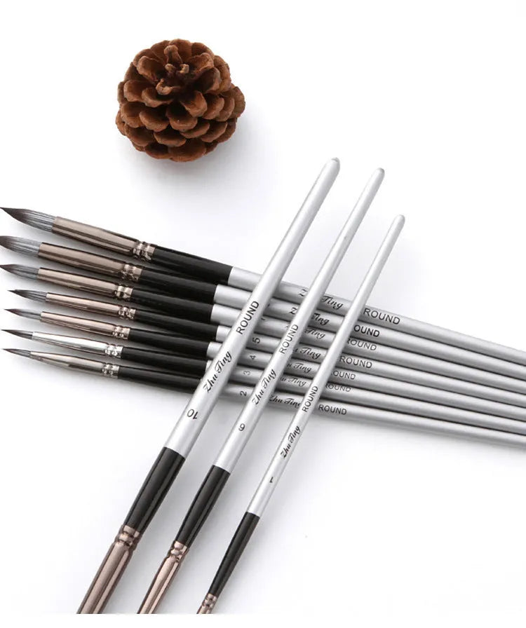 10-piece nylon watercolour oil painting brush set with wooden handles, silver-grey rods, 20-23cm