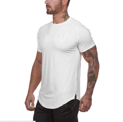 Men's plain grey gym shirt, blouse style, on a hanger showing relaxed fit and cotton-spandex fabric.